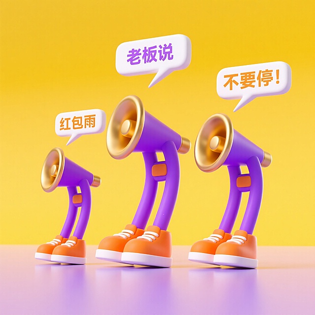 3个小喇叭（主体紫色，喇叭口金色，有小腿与橘色色鞋子）依次在平面上排列；每个小喇叭上方有白色对话气泡和线条，营造说话氛围，每个气泡从左至右依次是红色的文字：“老板说”“红包雨”“不要停”；每个扩音器大小不一。背景为简洁空间，适当留白，黄色背景，营造出萌趣质感，面朝镜头
