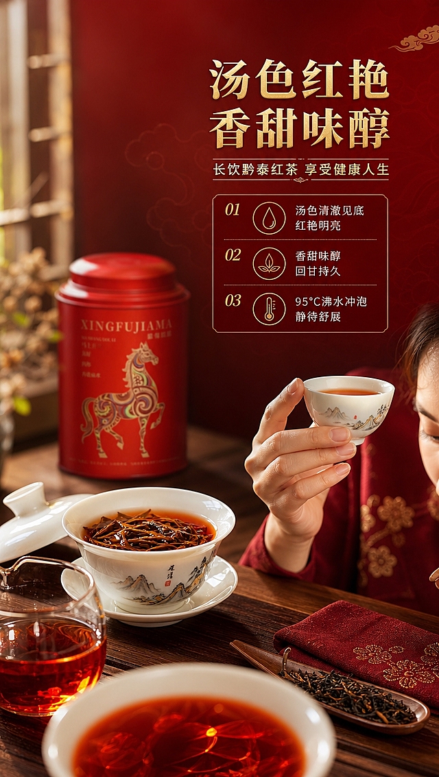 [商品] 使用【图1】红色茶罐作为产品元素，保留茶罐红金外观与骏马图案；本页重点展示冲泡品鉴场景，茶汤与品饮为主体，茶罐置于侧后方作品牌呼应。
[画面] 目标：茶汤红艳明亮、香甜味醇的品鉴体验，传递口感价值。构图：左前方白瓷盖碗与公道杯，茶汤红艳清澈，杯中茶叶舒展；右侧一只手（亚洲女性，自然优雅）端起品茗杯轻嗅茶香；后方虚化放置红色茶罐；桌面为深色木质，点缀茶则、干茶、茶巾；三层景深：前景茶汤杯沿特写、中景盖碗与手部动作、背景茶罐虚化。
[视觉] 套系策略：风格=中式高端茶礼商业摄影，东方雅致氛围感；标题字=宋体衬线粗体，带轻微烫金质感；正文字=简洁黑体；主色=中国红+深酒红；背景延展=基于红金做深浅渐变、云雾纹理与暗纹底衬；强调色=烫金色，仅用于标题、图标、引线与装饰线条；标题色=烫金色；正文色=米白色；组件=细线金色引线、圆角深红信息卡、中式云纹装饰；光影=窗边自然光+暖调补光，茶汤通透有光泽。
[文字] 上部主标题「汤色红艳 香甜味醇」，副标题「长饮黔泰红茶 享受健康人生」；下方3个品鉴要点：①汤色清澈见底 红艳明亮 ②香甜味醇 回甘持久 ③95℃沸水冲泡 静待舒展；文字位于右上留白区，深红卡片承载。
[规格] 图片比例9:16竖版，4K分辨率，负向提示：避免变形、错字、文字过小、茶汤颜色失真、人物面部模糊、医疗功效宣传、绝对化用语。