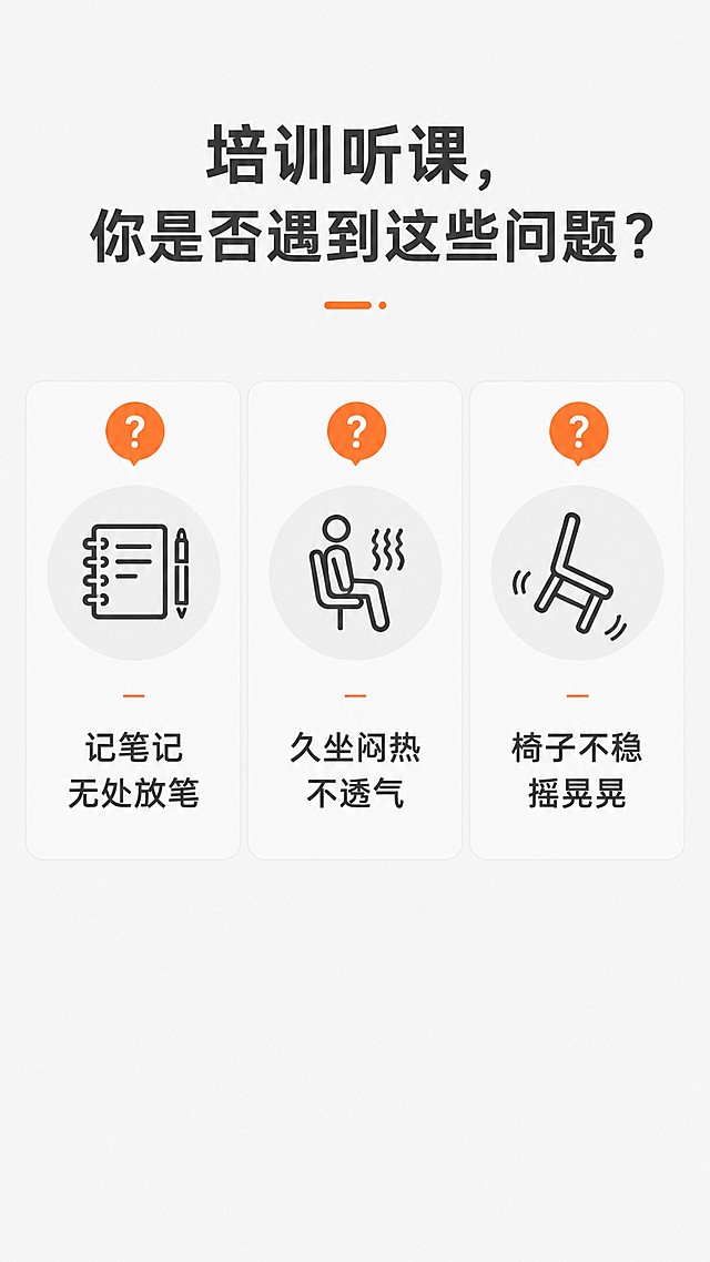 [第2屏] 痛点直击，分析传统培训座椅使用问题。本屏无需产品图。
[氛围/风格] 简洁问题清单式设计，浅灰底色，清晰对比感
[元素布局] 顶部大标题区域，中间分三栏排列三个常见痛点，每栏配简洁图标+文字说明，底部留白引导后续内容。页面层次清晰，每个痛点占据独立区域
[光影质感] 均匀柔光，文字清晰，图标辨识度高
[配色色系] 全局底色 #F8F8F8，主色深灰文字，辅助色浅橙标注痛点
[视角构图] 从上到下线性阅读版式
[文字版式] 顶部主标题「培训听课，你是否遇到这些问题？」，三栏痛点分别为：记笔记无处放笔、久坐闷热不透气、椅子不稳摇晃晃，每个痛点配简洁问号图标，文字大小适中移动端清晰可读
[比例分辨率] 9:16 竖版比例，4K 分辨率，文字清晰可辨，高清画质
[负向提示词] 变形，水印，文字错乱，文字过小，背景杂乱
