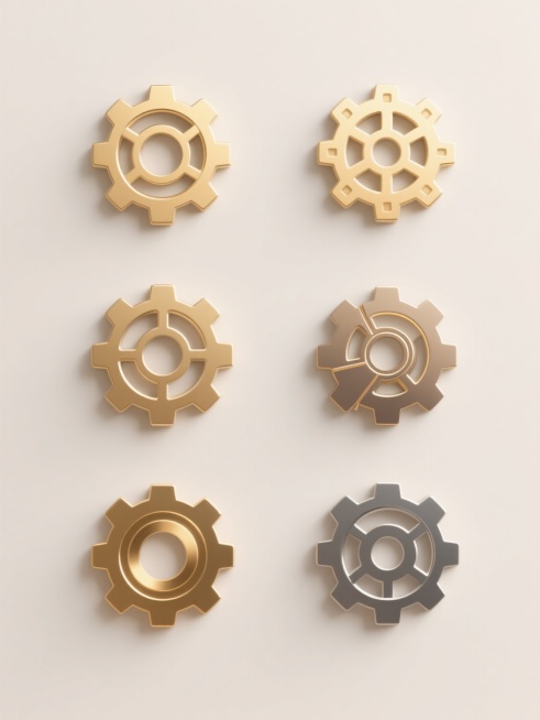 极简风格的图标设计，六个不同配色和样式的金属机械元素，以上下两行三列的整齐排列方式呈现于浅色背景之上，每个机械元素均具有清晰的轮廓线条和精致的结构细节，展现出类似金色齿轮的金属质感与光泽，整体设计简洁、现代且富有工业美感，无任何文字、LOGO、电话地址及二维码。预览效果