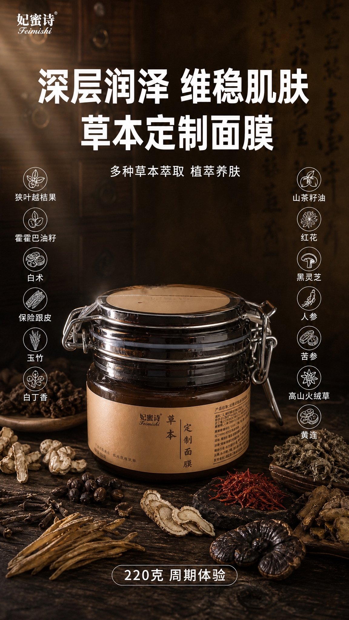 [单张主图] 妃蜜诗草本定制面膜，高级氛围感路线，原生成分型版… - 图片创意预览