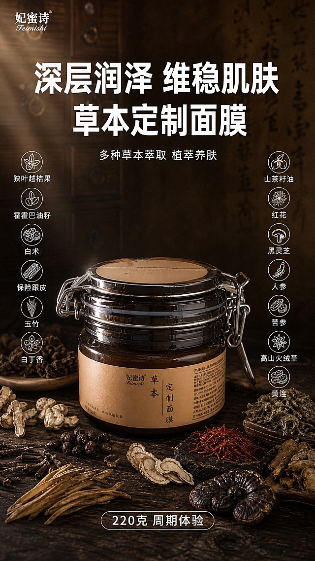 [单张主图] 妃蜜诗草本定制面膜，高级氛围感路线，原生成分型版式，突出多种草本萃取、深层润泽维稳肌肤、220克周期体验，适配抖音竖版9:16主图，符合抖音与微信视频号宣传规范，不使用医疗化夸张表达，禁用「温和」二字。

[画面主体] 画面中下部为产品主体，即妃蜜诗草本定制面膜大罐，深棕色玻璃罐身、金属卡扣盖、米黄色牛皮纸标签，标签正面有「妃蜜诗 Feimishi」品牌字样与「草本 定制面膜」竖排大字，产品外观、结构、颜色、标签排版与输入产品图一致，产品完整不裁切，占画面约45%-55%，放置在做旧深色木质台面上，底部有自然接触阴影，瓶身有柔和高光，体现玻璃罐的厚重质感与中药罐的沉稳感。

[构图版式] 采用「原生成分型」高级感版式，竖版9:16构图。产品位于中下部居中偏下，上方与左右两侧留白放置文字与草本元素；顶部为品牌与主标题区，中部两侧点缀晒干草本原料，底部为规格与疗程说明区，信息分层清晰，不遮挡产品标签关键信息。

[场景元素] 背景为偏中药房风格的素净深色场景：深棕黑色中药柜抽屉局部虚化作为远景，中景为深褐色宣纸质感墙面，前景为深黑色旧木台面，整体色调偏深、偏沉，体现中药晒干偏黑的视觉调性。产品周围散落摆放多种晒干状态的草本原料，颜色呈现中药晒干后的深褐色、黑褐色、枯黑色、暗绿色，包括：狭叶越桔果干、霍霍巴籽、白术片、保险跟皮干、玉竹片、白丁香、山茶籽、红花干、黑灵芝片、人参片、苦参片、高山火绒草干、黄连片。草本原料以小堆、小片、小束形式自然散落，不花哨、不杂乱，作为成分证据点缀，数量约10-13种，每种以小片/小粒形态出现，避免大面积堆砌抢主体。背景整体低饱和、偏深棕黑中药色调，光线柔和集中打在产品上，有轻微雾气与空气感。

[文案版式] 所有文字均为白色，字体选用干净无衬线粗体，主标题字重最大，辅助文案字重适中，说明文字缩小。文字全部放在留白区域，不压产品主体与草本原料，全文禁用「温和」二字。
- 顶部左上：妃蜜诗（小号品牌字，与产品Logo风格一致）
- 顶部居中偏上，两行大主标题：
  第一行：深层润泽 维稳肌肤
  第二行：草本定制面膜
- 主标题下方一行小字：多种草本萃取 植萃养肤
- 产品左侧竖排（从上到下）6组成分短标签，白色细线图标+白字：
  狭叶越桔果
  霍霍巴油籽
  白术
  保险跟皮
  玉竹
  白丁香
- 产品右侧竖排（从上到下）7组成分短标签，白色细线图标+白字：
  山茶籽油
  红花
  黑灵芝
  人参
  苦参
  高山火绒草
  黄连
- 底部居中偏下，白色圆角半透明底条（极淡深棕半透明，不抢眼），白字分1行：
  220克 周期体验

[光影质感] 聚光式自然光从左上方斜射，柔和窗光质感，光线主要集中在产品主体上，产品左侧有明显高光、右侧有自然暗部，深色木台面有柔和投影，背景中药柜与墙面做深色调浅景深虚化，突出产品与前景草本。整体光影沉稳、有层次，体现深色中药草本的专业与厚重感。

[配色字体] 主色为深棕黑、深木色、暗草本黑褐色；所有文字为纯白色，与深色背景形成强对比；强调色仅用少量深红花干与黑灵芝的深色调点缀。字体统一为一种无衬线体，主标题粗、副标题中、说明文字细，不混用字体，不做拉伸变形。

[比例分辨率] 比例9:16，2K分辨率，文字清晰可辨，产品细节清晰。

[负向提示词] 变形、错字、糊字、水印、平台Logo、二维码、微信联系方式、医疗化夸张表达、绝对化用词（最/第一/100%）、前后对比图、治疗暗示、背景花哨杂乱、人物面部、畸形手、悬浮产品、穿模、伪Logo、过度锐化、廉价感、强描边、HDR过重、彩色字体、手写体混用、温和二字、220g字样、浅色明亮背景