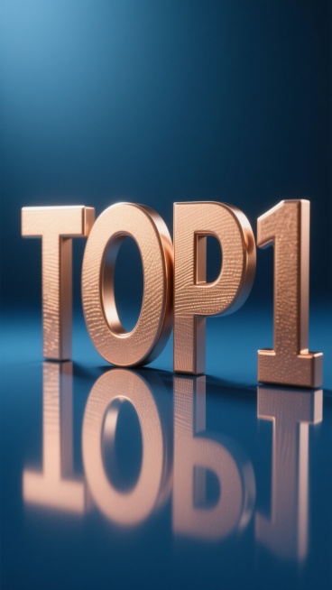3D渲染的「TOP 1」艺术字，保持原有的铜金色金属质感，带有细微的拉丝纹理和光滑的边缘处理，字母「O」为空心设计，整体呈现出立体感和厚重感，文字下方有清晰的倒影效果，背景改为深蓝色渐变，从上到下由深蓝逐渐过渡到浅蓝，底部为光滑的深蓝色镜面材质，光源从左上方照射，在文字右侧形成柔和的阴影，整体画面简洁大气，突出「TOP 1」的视觉冲击力。预览效果