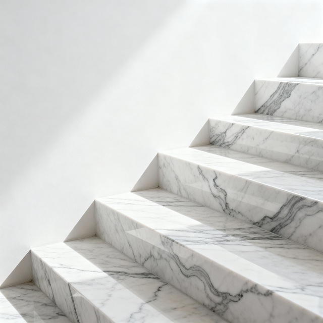 极简主义风格的白色大理石台阶，台阶表面带有自然流畅的灰色大理石纹路，呈现出细腻的石材质感和温润光泽，整体呈阶梯状向斜上方延伸，构图采用对称美学和简洁的几何形态，光线从上方柔和照射，在台阶边缘形成轻微的阴影过渡，背景为纯白色，营造出干净、现代、高端的氛围，突出大理石材质的天然纹理和层次感。