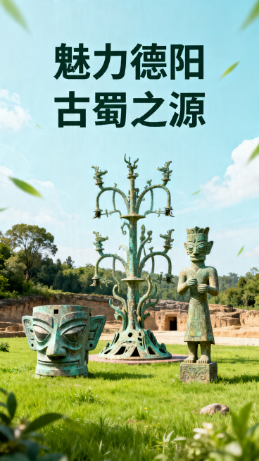 四川德阳地方特色旅游宣传H5封面页，展示德阳标志性的古蜀三星堆风景，标题设计为"魅力德阳 古蜀之源"，整体色调清新自然，具有吸引力，高端旅游宣传风格，画面构图居中，层次感强预览效果