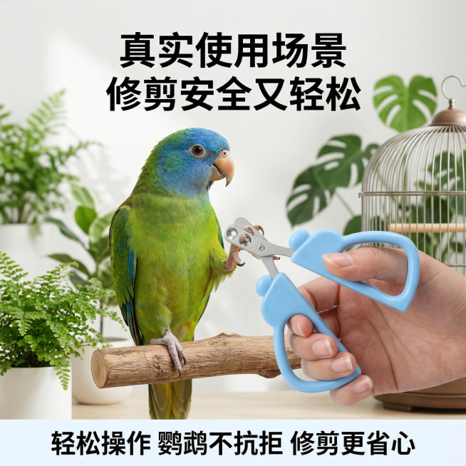 1:1竖版电商主图，清新自然宠物护理风，严格还原上传的产品图，包括指甲剪的造型、使用场景等所有细节，产品尺寸比例1:1，与场景协调无突兀感。主视觉：温馨养鸟场景，手握着蓝色款指甲剪，给站在栖木上的鹦鹉预览效果