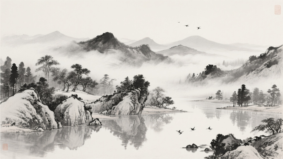 中国传统水墨山水画，黑白灰层次分明，运用浓淡干湿的笔触技法，营造出淡雅空灵的意境，远山以淡墨渲染，云雾缭绕其间，近景有形态各异的山石、苍翠的树木和宁静的水面，水面倒映清晰，几只飞鸟点缀天空，整体构图遵循传统山水画的散点透视，保持水墨氤氲的质感和写意的韵味。预览效果