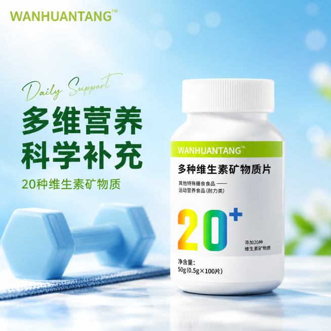 [主图-1] 多种维生素矿物质片活力运动风首图。
[氛围风格] 活力阳光运动风，清透健康感；
[画质] 商业摄影质感，光线明亮通透，产品清晰真实，画面干净高级。
[元素] 多种维生素矿物质片瓶子主体居预览效果