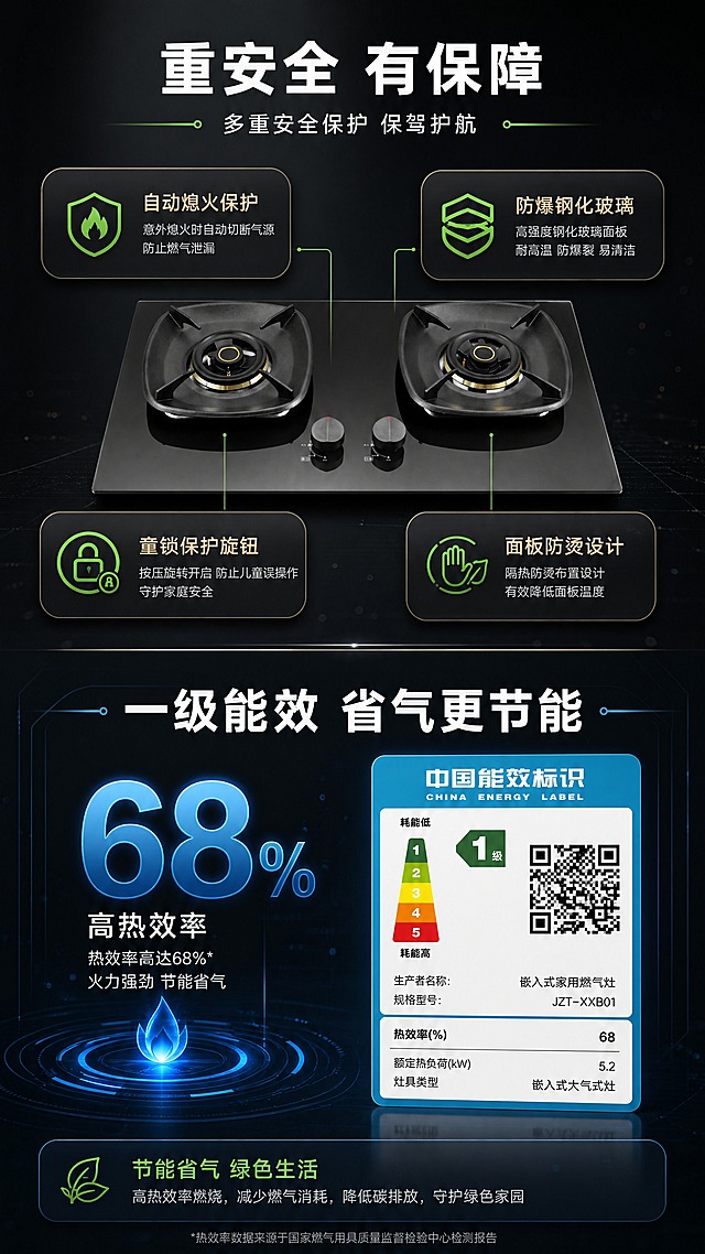 [商品] 使用【图1】嵌入式双眼燃气灶；保留完整产品结构、颜色和比例；做缩小展示，配合安全结构示意和能效数据图形。
[画面] 第7张·安全与能效，目标展示多重安全保护和一级能效。上下分区，上半部分为多重安全保障：4个图标卡片（熄火保护、防爆面板、安全童锁旋钮、面板防烫）环绕灶具小图；下半部分为一级能效数据展示：大号「68%热效率」数字+能效标识图形，配节能说明。背景深色科技感。
[视觉] 套系策略：风格=深色高端科技商业摄影+3D渲染质感；标题字=现代无衬线粗黑体；正文字=简洁无衬线中黑体；主色=炭黑+深灰；背景延展=基于炭黑做径向渐变和微光粒子；强调色=安全绿+能效蓝+香槟金，仅用于安全图标、能效数据和高亮标签；标题色=纯白；正文色=浅灰白；组件=圆角安全卡、能效数据大数字、细线图标、发光引线；光影=均匀冷光+数据高亮。
[文字] 顶部主标题「重安全 有保障」，副标题「多重安全保护 保驾护航」，4个安全点：「自动熄火保护」「防爆钢化玻璃」「童锁保护旋钮」「面板防烫设计」。下半部分主标题「一级能效 省气更节能」，配「68%高热效率」大数字。文字全部横排。
[规格] 图片比例9:16竖版，4K分辨率，负向提示：避免虚构认证标识、错字、文字过小、产品变形、颜色杂乱。