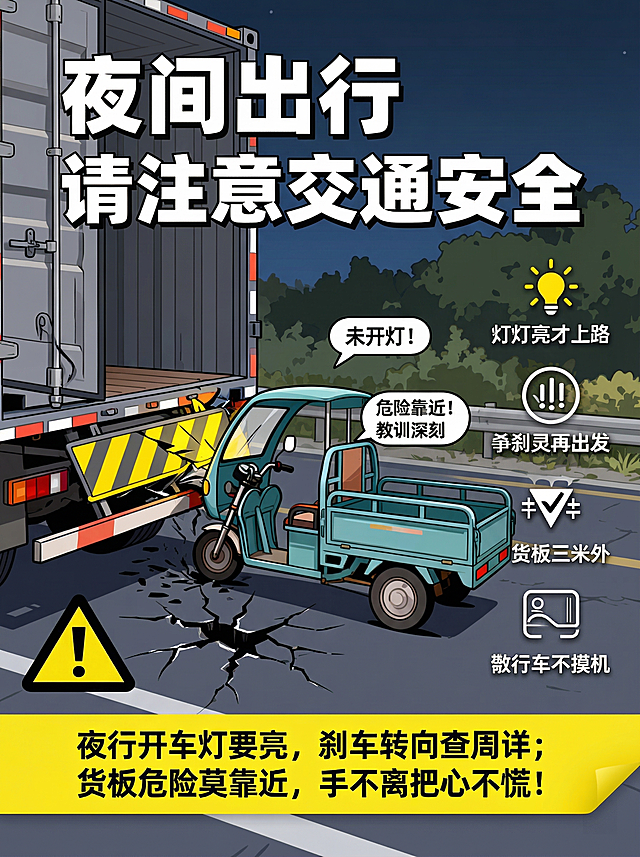 重绘海报：尺寸严格为1242×1656像素，去除右上角‘1242x1676px’字样，无任何额外水印或文字；画面内容包括：顶部标题‘夜间出行请注意交通安全’；左侧事故插图（三轮车未开灯撞大货车卸货板，车体凹陷+⚠️警示符号）；右侧4个图标要点：💡 灯亮才上路｜🛑 刹灵再出发｜⚠️ 货板三米外｜📱 行车不摸机；底部黄色横幅顺口溜：‘夜行开车灯要亮，刹车转向查周详；货板危险莫靠近，手不离把心不慌！’。卡通风格，色彩鲜明，排版清爽，背景干净无杂物。