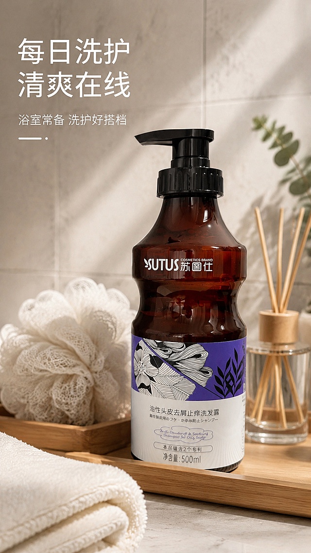 [第7屏] 日常场景种草屏，展示苏图仕洗发水在浴室的使用场景。本屏使用【图1】作为产品主体。
[氛围/风格] 真实生活化场景，温馨干净，沉浸式家居氛围感。
[元素布局] 产品放置在浴室洗手台的木质置物架上，背景是浅灰色瓷砖墙面，旁边搭配沐浴球和香薰装饰，前景放一块干净毛巾，产品放在视觉中心，占比约60%，产品外观与原图一致。
[光影质感] 柔和浴室自然光，光线均匀，产品有自然反光，整体温馨通透。
[配色色系] 整体低饱和度色系，背景浅灰木色，产品保持原有紫蓝色调突出主体。
[视角构图] 平视场景视角，景深适中，产品清晰，背景稍虚化突出主体。
[文字版式] 左上角主标题「每日洗护 清爽在线」，副标题「浴室常备 洗护好搭档」，文字浅色不抢产品风头，不遮挡瓶身。
[比例分辨率] 9:16竖版比例，4K分辨率，文字清晰可辨，高清画质。
[负向提示词] 产品变形，包装文字错乱，场景杂乱，颜色偏差，水印，文字遮挡主体。