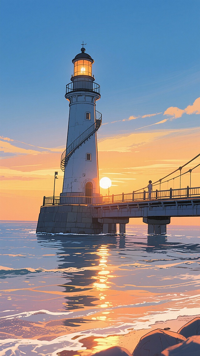 二次元，桥边灯塔，氛围回忆，暖洋色，不要人物，细节丰富，9:16，生成二张