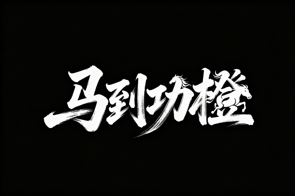 生成“马到功橙”的艺术性主题字体，字体里面带有马的元素，字是白色，背景是黑色预览效果