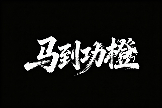 生成“马到功橙”的艺术性主题字体，字体里面带有马的元素，字是白色，背景是黑色