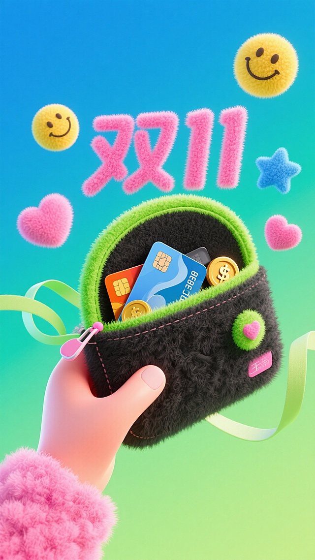 一个黑色毛绒质感的卡包内里是摊开朝着镜头的，包边为鲜绿色。一只粉红色的手从左侧下方伸出，拿着卡包，小包内露出多张银行卡，金币和爱心。卡包四周向心状悬浮着很多个元素：“双11”粉红色毛绒的艺术字紧挨着卡包，散落着3个黄色笑脸、2个粉色爱心和2个蓝色星星，3个浅绿色短飘带，突显个性化与潮流风格。渐变的荧光蓝绿色为背景，营造出充满活力与现代感的视觉氛围。构图层次分明，色彩对比强烈，传达出轻松、年轻、时尚的生活方式与消费理念。