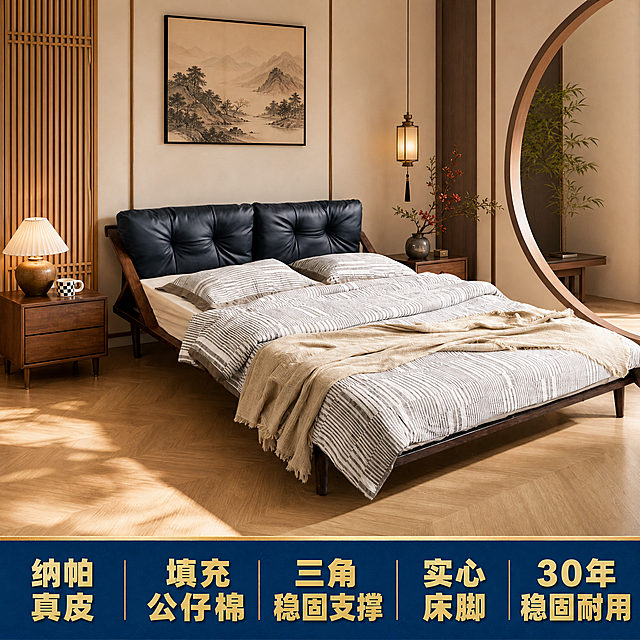 [单张主图] 榻榻米真皮实木床，爆款促销感主图，适配拼多多平台。
[画面主体] 保持原图片中床的角度、款式、结构完全一致，不改变床本身的外形和尺寸，只替换背景环境；商品主体占画面约65%，清晰完整展示整张床，深蓝色软包床头、实木框架不变形。
[构图版式] 采用底部通栏卖点版式，产品完整展示在画面中上部，下方留出区域放置卖点。
[场景元素] 背景更换为国潮新中式装修风格卧室，保留实木人字拼地板，墙面添加木格栅、新中式装饰画和不对称圆形月亮门造型，角落放置中式花艺摆件，整体空间典雅大气，符合新中式风格调性，背景元素不遮挡床主体。
[文案版式] 图片下方蓝色通栏背景放置四个卖点文案，金字：纳帕真皮 填充公仔棉 三角稳固支撑 实心床脚 30年稳固耐用，文字排列整齐，金色大字清晰醒目，蓝色背景对比度高，易读性强。
[光影质感] 温馨暖调自然光，午后慵懒光斑，光线柔和通透，产品清晰真实，材质质感突出，床体结构无变形，商业摄影高级质感，画面干净高级。
[配色字体] 主色调为新中式原木色+深蓝色床头，下方卖点区为蓝底金字，对比强烈，字体采用粗体无衬线，醒目清晰，符合拼多多平台大字直白的风格要求。
[比例分辨率] 1:1 比例，2048x2048像素，2K分辨率，文字清晰可辨，超高清。
[负向提示词] 变形，水印，文字错乱，产品图模糊，背景杂乱，改变床角度和款式，文字遮挡产品主体，低清晰度