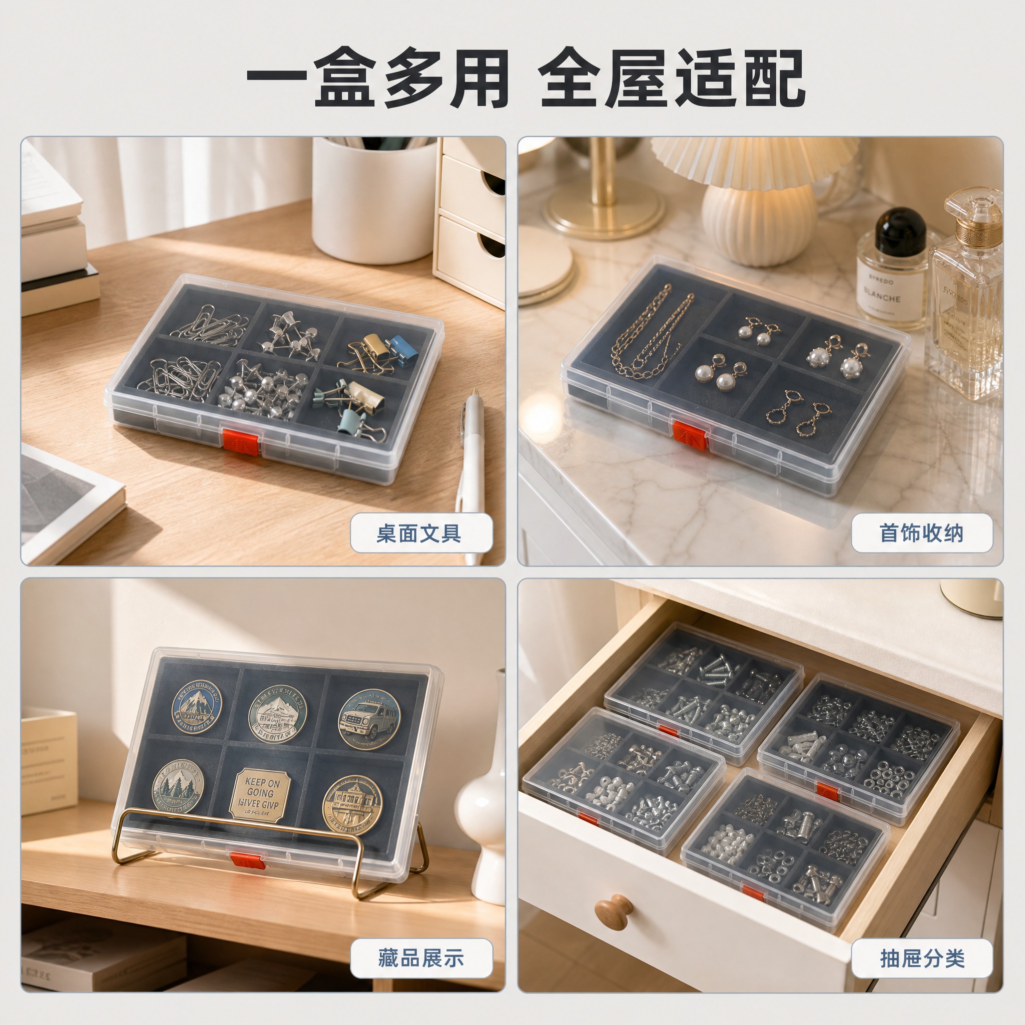 [主图-4] 透明海绵收纳盒多场景使用展示，突出全屋多用途收纳… - 图片创意预览
