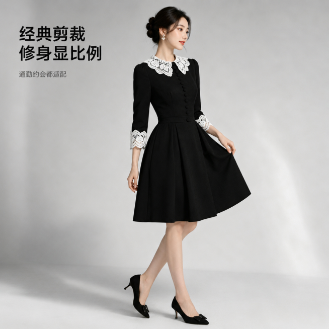 [主图-2] 赫本风新中式黑色蕾丝连衣裙侧面展示图
[氛围风格] 复古高级氛围感，法式优雅精致
[画质] 商业摄影质感、光线柔和通透、产品清晰真实、画面干净高级
[元素] 同一位年轻亚洲女模特，皮肤白预览效果