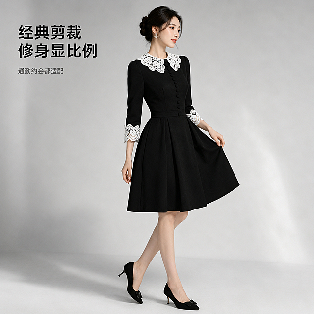 [主图-2] 赫本风新中式黑色蕾丝连衣裙侧面展示图
[氛围风格] 复古高级氛围感，法式优雅精致
[画质] 商业摄影质感、光线柔和通透、产品清晰真实、画面干净高级
[元素] 同一位年轻亚洲女模特，皮肤白皙妆容精致，穿着这款黑色蕾丝连衣裙，侧身45度站立，轻轻提起裙摆，展示侧面版型线条。保持连衣裙外观（物理结构、材质质感、颜色）与输入产品图绝对一致，杜绝任何变形和色差，精细化处理。展示收腰剪裁和裙摆立体褶皱，背景保持和主图1统一的浅灰色肌理墙，风格一致。商品主体占比严格控制在60%-80%之间，画面满屏无边框。
[光影] 侧前方主光勾勒连衣裙侧面轮廓，光线柔和有层次，面料哑光质感自然，蕾丝纹理清晰
[配色] 保持主图1一致的经典黑白灰配色，简约高级统一
[视角构图] 平视45度侧面，人物完整，景深适中，突出腰线和整体版型
[文字版式] 左上负空间左对齐，大字文案写"经典剪裁 修身显比例"，黑色加粗，比主标题小一号，辅助短句写"通勤约会都适配"，灰色小字，不遮挡产品主体
[比例分辨率] 1:1比例，2048px*2048px，2k分辨率，文字清晰锐利，画面超高清
[负向提示词] 变形，水印，文字错乱，产品图模糊，背景杂乱，换模特，人物面部畸形，肢体扭曲，色差