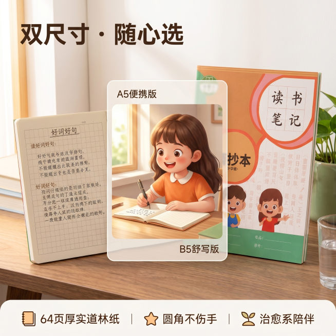 [主图-2] 拼图对比版：A5与B5版本并列+使用场景切片；
[氛围风格] 同一治愈系居家场景延续，轻量化拼贴逻辑；
[画质] 商业高清摄影，统一光影与色调，产品真实质感；
[元素] 左侧A5本平摊打预览效果