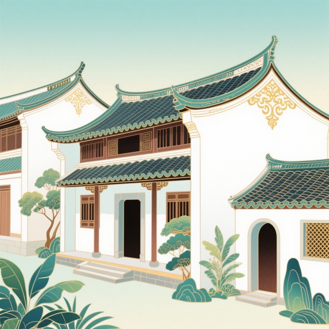 闽都古厝，飞檐翘角，白墙黛瓦，古色古香的建筑细节，周围有绿植点缀，整体呈现国潮风格，画面清晰，色彩鲜明预览效果