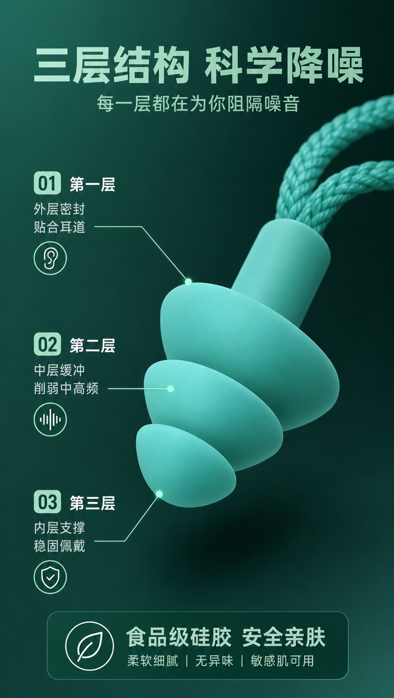 [商品] 使用【图1】薄荷绿款三层降噪耳塞做主体特写；保留三层… - 图片创意预览