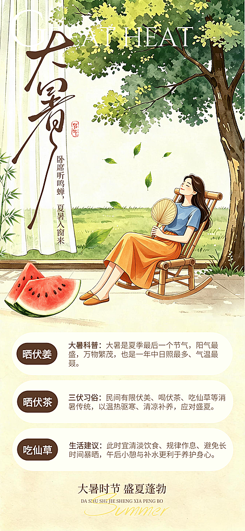 水墨风插画夏日大暑知识科普二十四节气朋友圈宣传手机全屏海报