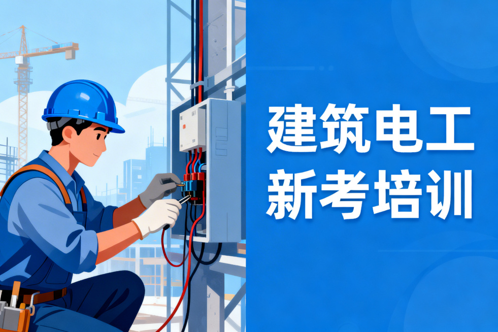建筑电工新考培训宣传图，和之前的工种培训图风格统一，蓝色商务简约风，左侧是建筑工人佩戴安全帽进行电路检修作业的写实场景插画，右侧醒目显示文字'建筑电工 新考培训'，整体清晰规范预览效果