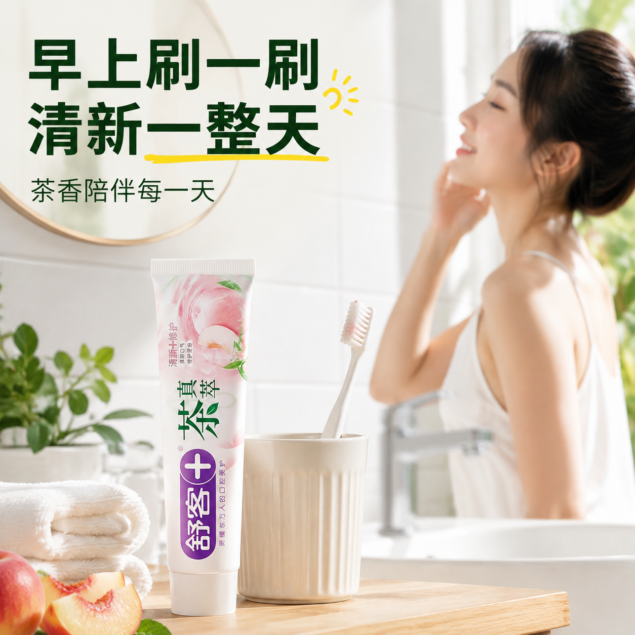 [主图-4] 茶真萃牙膏使用场景图，清晨洗漱使用场景，真人体验… - 图片创意预览