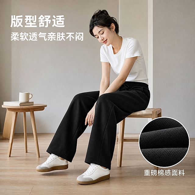 抖音电商风格主图，高级松弛感，柔和时尚摄影光，生活化室内场景。同一位年轻亚洲女性模特，白色T恤搭配，坐在浅木色矮凳上，身体微前倾，双手放膝盖，姿态放松舒适。模特穿着纯黑色加厚重磅直筒卫裤，坐姿下腰部不紧绷，大腿宽松有余量，展现舒适不勒版型。右下角有圆形放大区域展示裤子面料微距细节，棉质细密织纹透气结构，体现柔软透气特性。背景极简北欧风室内，浅灰色墙面，浅木色地板，旁边有简约小边几和咖啡杯。左上角白色粗体大字标题分两行，第一行是版型舒适，第二行是柔软透气亲肤不闷。面料圆圈旁小字标注重磅棉感面料。商业摄影质感，温暖舒适光线。1比1正方形，高清清晰，无水印无平台logo，细节真实。