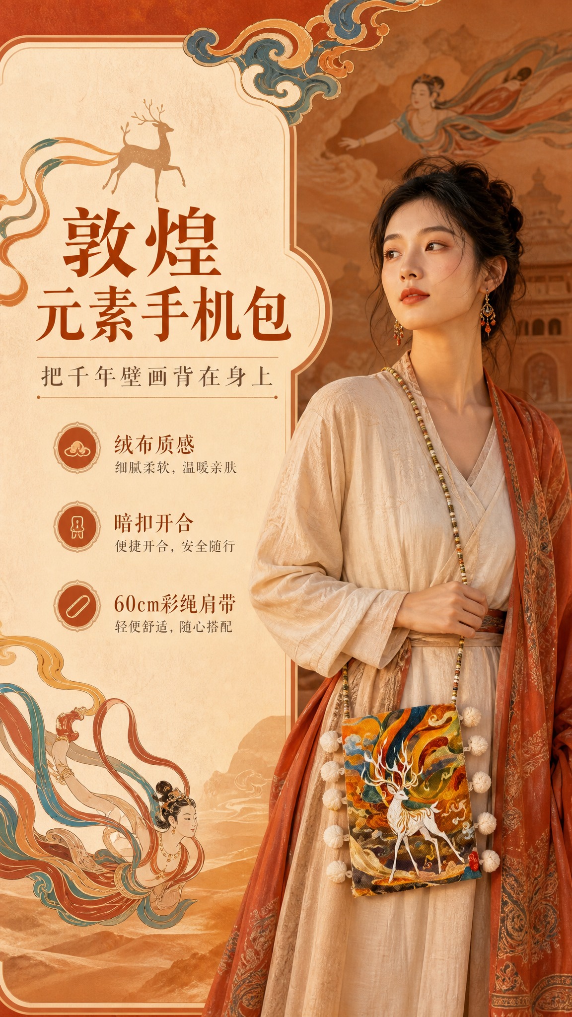 敦煌国潮风格头图海报，橙黄九色鹿款绒布手机包，长方形竖款包型，… - 图片创意预览