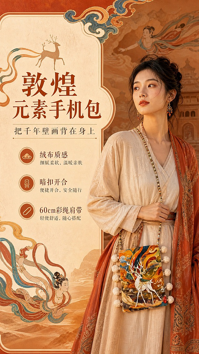 敦煌国潮风格头图海报，橙黄九色鹿款绒布手机包，长方形竖款包型，九色鹿敦煌壁画印花，两侧白色毛球流苏，彩色编织肩带。左文右图构图，右侧亚洲女性模特斜挎手机包站在敦煌风格场景中，暖调沙漠与飞天飘带剪影背景，柔和暖光。左侧标题区：主标题"敦煌元素手机包"，副标题"把千年壁画背在身上"，三个短卖点：绒布质感、暗扣开合、60cm彩绳肩带。国风宋体标题，暖橙赭石主色调，石青蓝点缀，米黄信息卡，敦煌纹样装饰，商业摄影质感。9:16竖版，4K画质。