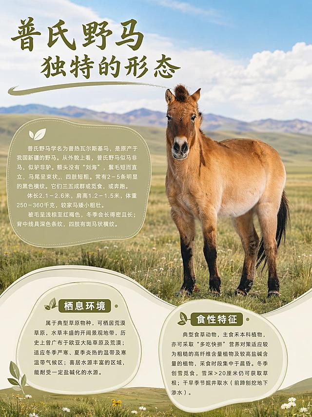 这是一张普氏野马科普介绍图文，保留原图所有文字内容和普氏野马图片，对图文进行重新排版，更换自然草原底图，优化排版结构，让版式更精美协调，所有文字保持清晰可读，完整呈现全部原有内容