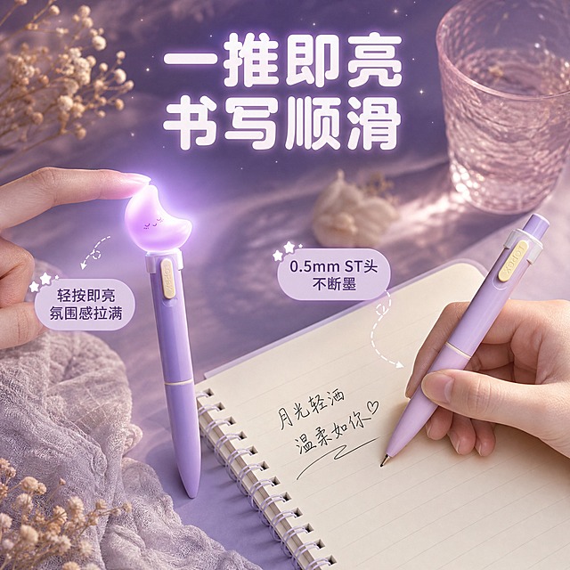 [主图-2] 核心卖点证明，发光功能展示+书写体验。
[统一基调] INS风梦幻柔和风格，整体色调以香芋紫、淡粉紫、奶白色为主，背景为渐变柔雾紫+柔和光斑星光点缀，字体为圆润无衬线字体，标题字色为白色/浅粉紫，辅助字色为深紫灰，强调色为淡紫色发光效果，整体清新治愈、少女感、高级感，无厚重边框。
[画面] 画面左侧展示一支深紫色月光笔平放在桌面上，月亮笔头朝上发出柔和的淡紫色光，旁边有一只手（仅手部，肤色白皙）正在按动月亮头演示"一推即亮"的动作。画面右侧展示浅紫色笔正在笔记本上书写的特写，笔尖流出黑色墨水，在米白色笔记本纸上写出流畅线条，展示书写顺滑效果。背景是INS风书桌场景，有浅紫色桌布、干花小束、透明玻璃杯点缀，整体氛围温馨治愈。产品外观、颜色、结构与输入图完全一致。
[光影质感] 自然光+柔和补光，月亮笔头发光效果自然柔和，笔身哑光质感清晰，桌面有柔和漫反射阴影，整体温暖治愈光影。
[配色] 延续主背景香芋紫调，桌面米白+浅紫，产品紫色系，发光淡紫白光，文字深紫灰+白色。
[文字版式] 画面上方大标题"一推即亮 书写顺滑"，分两行排列。左侧发光区域旁配小字"轻按即亮 氛围感拉满"，右侧书写区域旁配小字"0.5mm ST头 不断墨"。文字简洁，不遮挡主体。
[输出要求] 比例1:1，文字清晰可读，产品清晰，手部自然无畸形，INS风氛围感，无变形、错字、模糊、杂乱、水印、平台Logo。