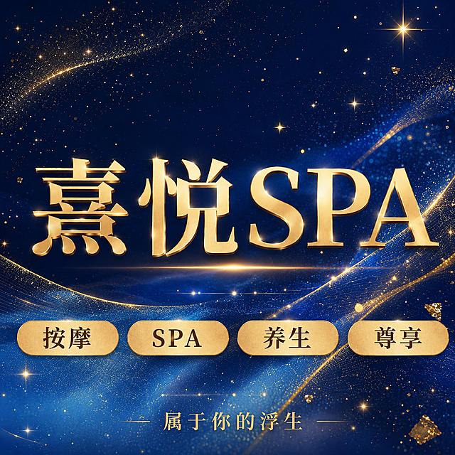 删除图片最顶部的“熹悦SPA”文字，在画面中添加精致的金箔星光装饰元素，丰富蓝色背景，保持整体风格不变，保留中间的金色大字“熹悦SPA”、底部四个标签和底部小字，保持1:1方形比例