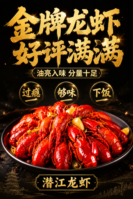 潜江小龙虾电商推广海报，参考图风格，黑色渐变背景，金黄色大字，红色小龙虾产品展示，文字内容分别主标题为"金牌龙虾 好评满满"，副标题"油亮入味 分量十足"，特点标签"过瘾""够味""下饭"，底部标注"预览效果