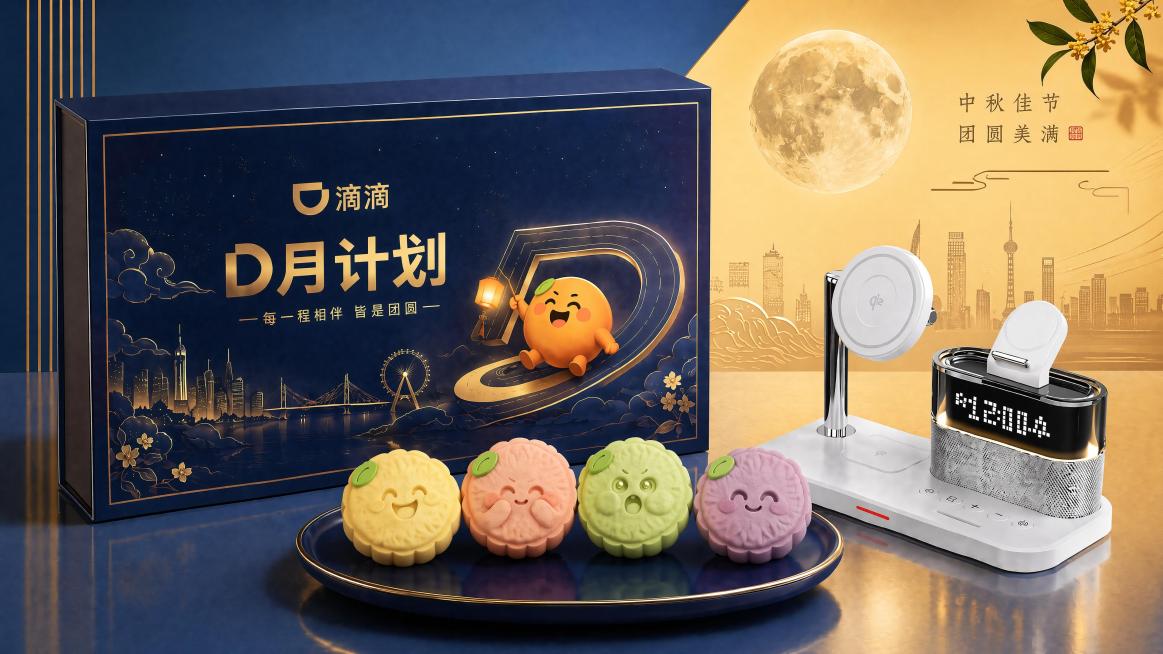只调整背景颜色，将背景调整得更明亮，参考第二张图片的亮蓝拼金色明亮背景风格，保持礼盒、月饼、手机支架、所有物品的位置、内容、设计和配色完全不变，生成图片。预览效果