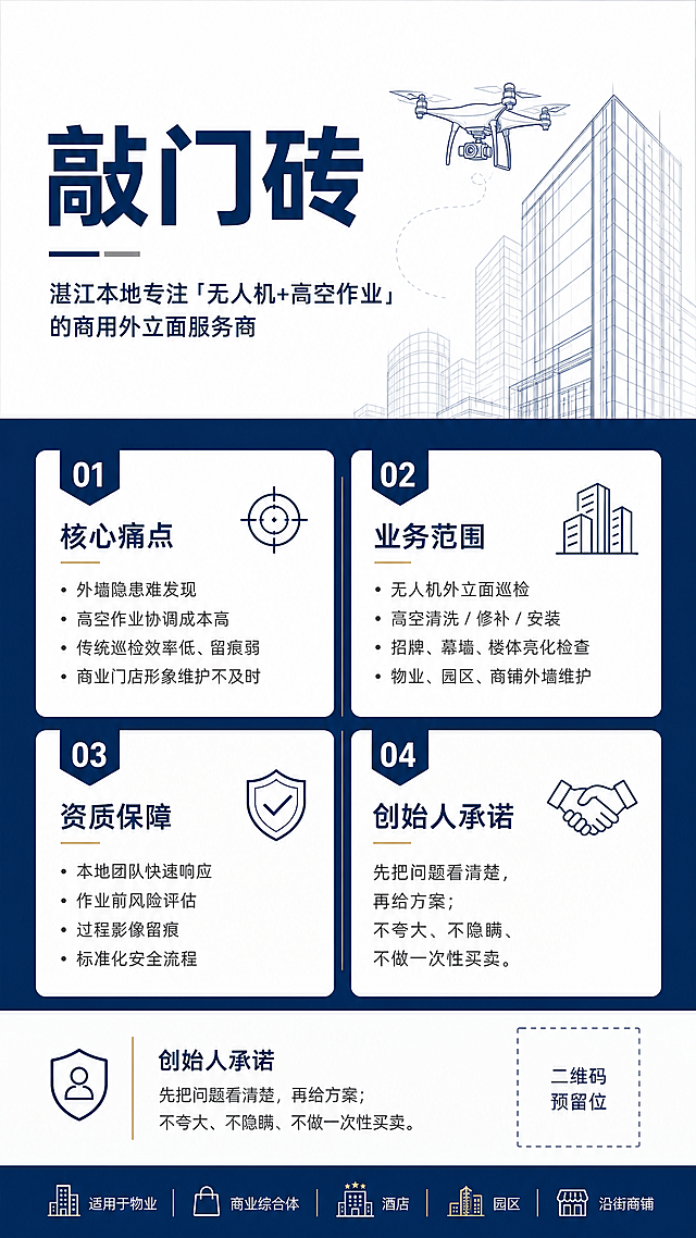 设计一张竖版名片，极简风格，标题为敲门砖，副标题是湛江本地专注「无人机+高空作业」的商用外立面服务商，内容包含核心痛点、业务范围、资质保障和创始人承诺，右下角预留二维码位置，整体排版清晰大气，适合商务首次拜访使用，3分钟可读完的一页纸设计