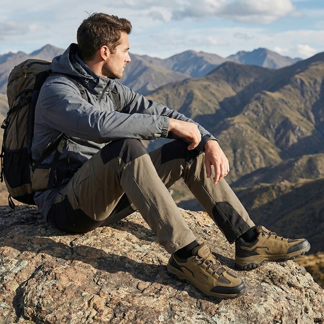 男子穿着这双鞋子，户外徒步场景，男性身穿户外运动服坐在石头上歇息，背景是山脉预览效果