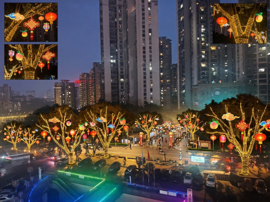在城市夜景中，对红色框选区域的树木进行文旅亮化设计：树上悬挂迎春灯饰挂件和氛围灯，树干缠绕金黄色系灯串，灯光色彩鲜艳真实，呈现3D立体效果；调整图片角度使其摆正，从多个视角展示亮化效果，保持原有城市建预览效果