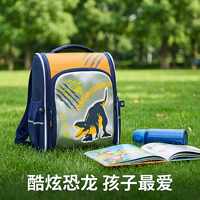 [主图 5] 儿童双肩包整体场景展示图。[氛围风格] 活泼童趣户外场景，保持整体风格统一。[画质] 商业摄影质感、光线柔和通透、产品清晰真实、画面干净高级，2k分辨率，文字清晰可辨，超高清。[元素] 儿童护脊双肩包放置在公园草坪上，旁边放着一本儿童绘本和一个水壶，营造出儿童上学出游的使用场景。保持产品外观（物理结构、材质质感、颜色）与输入产品图绝对一致，杜绝任何变形和色差，精细化处理。商品主体占比约60%，场景道具点缀不抢主体。背景是模糊的绿色公园树荫，自然清新。[光影] 自然日光，柔和明亮，呈现自然清新氛围。[配色] 主色调银灰+藏蓝+暖橙，背景绿色自然清新，整体和谐。[视角构图] 平视略微俯视角度，构图饱满自然。[文字版式] 底部添加文案【酷炫恐龙 孩子最爱】，白色文字粗体，居中排列，不遮挡主体。[比例分辨率] 1:1比例。[负向提示词] 变形，水印，文字错乱，产品图模糊，背景杂乱，遮挡主体，配色刺眼，牛皮癣。