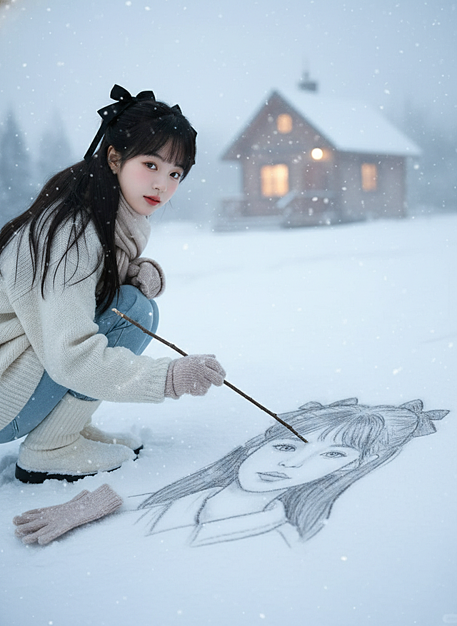 画面主视觉是图示人物蹲在雪地上用树枝画自画像（画像为唯美写实风，无色彩），并与自画像合影。周围散针织手套、细雪，远处立带暖灯的小木屋