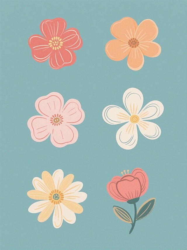 简约现代风格设计，六个手绘质感花朵素材规整排布，每个花朵采用不同样式与颜色，保持手绘线条的随性流畅感，纯色背景，无文字无logo无水印，整体造型简洁明快，色彩鲜明，视觉层次清晰，符合现代简约的设计美学。