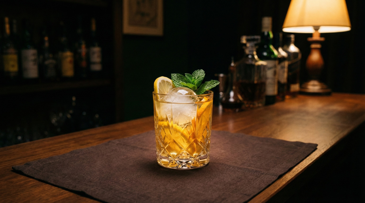 背景营造「暗调家庭吧台 / 小酒馆角落」氛围 —— 铺深棕色亚麻餐垫，点缀复古酒杯，酒杯里面放着一颗透明冰球、柑橘切片（柠檬 / 橙子）、新鲜薄荷叶，整体色调偏暗，突出冰球与饮品的视觉焦点。生成两张图预览效果