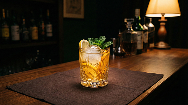 背景营造「暗调家庭吧台 / 小酒馆角落」氛围 —— 铺深棕色亚麻餐垫，点缀复古酒杯，酒杯里面放着一颗透明冰球、柑橘切片（柠檬 / 橙子）、新鲜薄荷叶，整体色调偏暗，突出冰球与饮品的视觉焦点。生成两张图