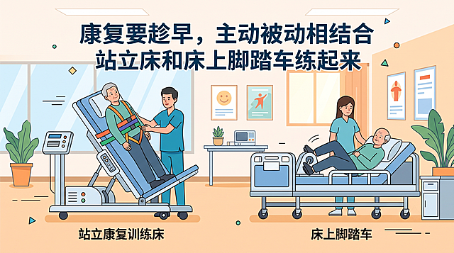 康复科普宣传插画，展示站立康复训练床和床上脚踏车康复训练器材，配文字："康复要趁早，主动被动相结合，站立床和床上脚踏车练起来"，二维扁平插画风格，简洁明快，适用于万彩动画大师