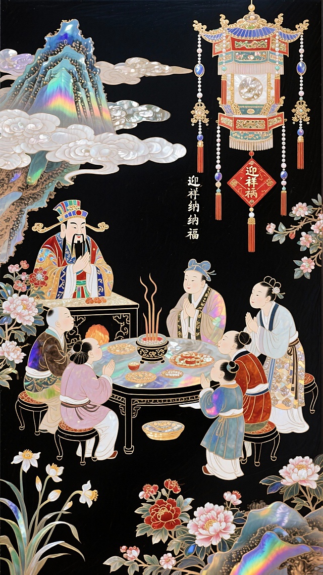 工笔细腻绘中式神韵，鎏金浮雕衬古典华章，刺绣纹样缀喜庆祥瑞，极繁主义构图尽显神圣庄严，迎春纳福，年味盎然。