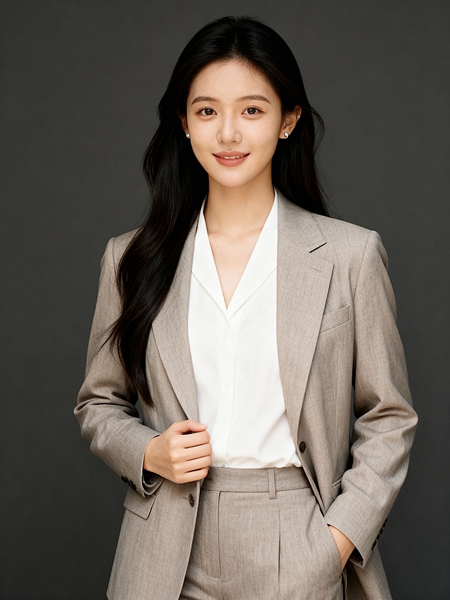 温柔杏色西装白内搭女士形象照