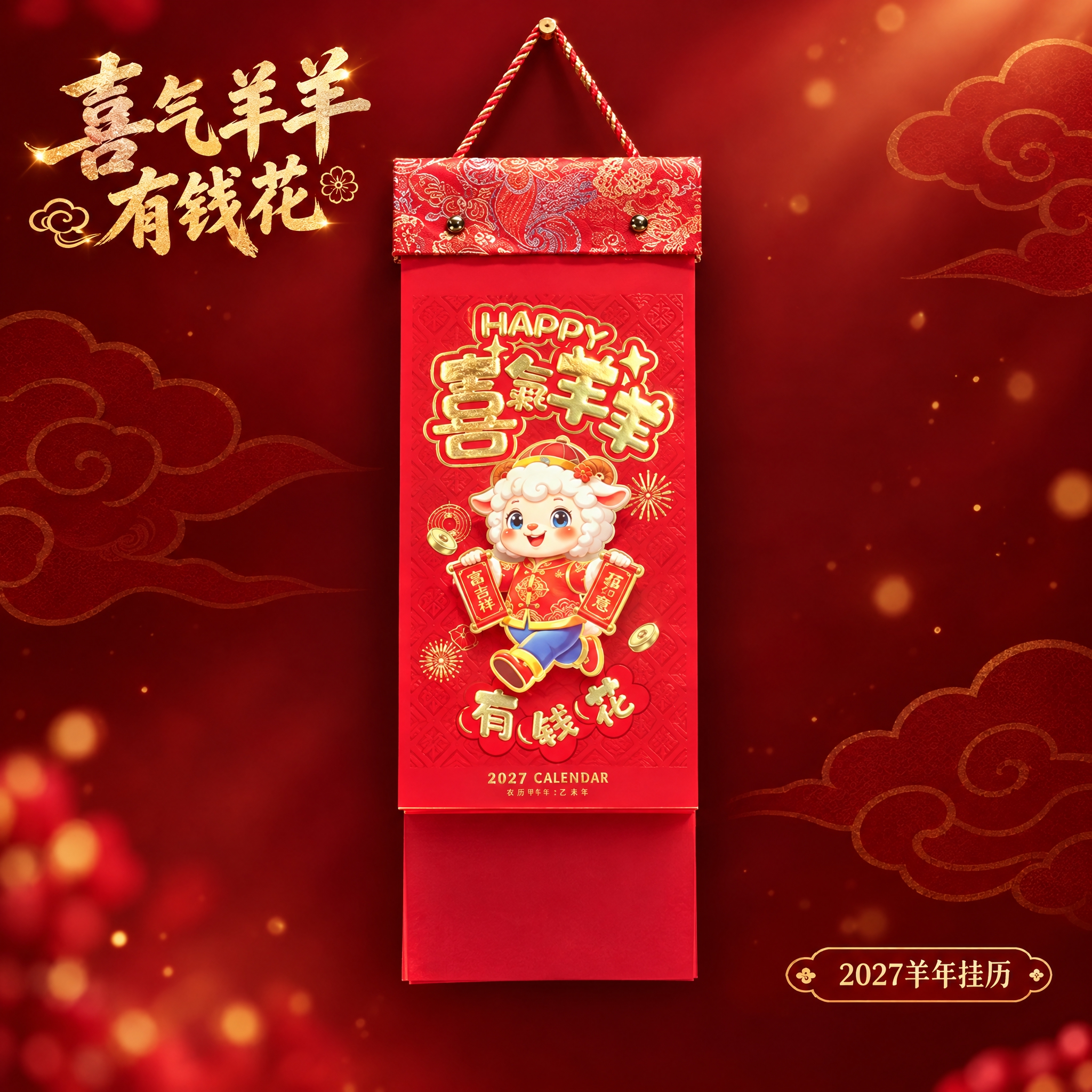喜气羊羊款挂历单独展示，淘宝主图规格高清图。产品居中悬挂展示，… - 图片创意预览
