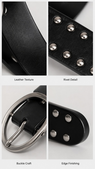 [第4屏] 工艺细节页 - Y2K Retro Bohemian Rivet Belt. 本屏使用【图1】提取商品局部细节
[氛围/风格] 微距质感风，真实展示材质工艺，突出细节高级感
[元素布局]预览效果